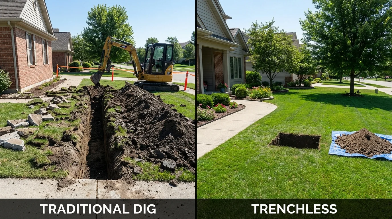 Trenchless sewer repair with minimal yard damage versus traditional excavation in Fenton, MI