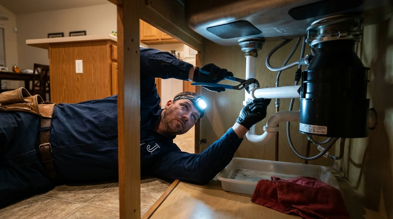 P-trap and supply line connections under a kitchen sink showing a common leak point in Fenton, MI